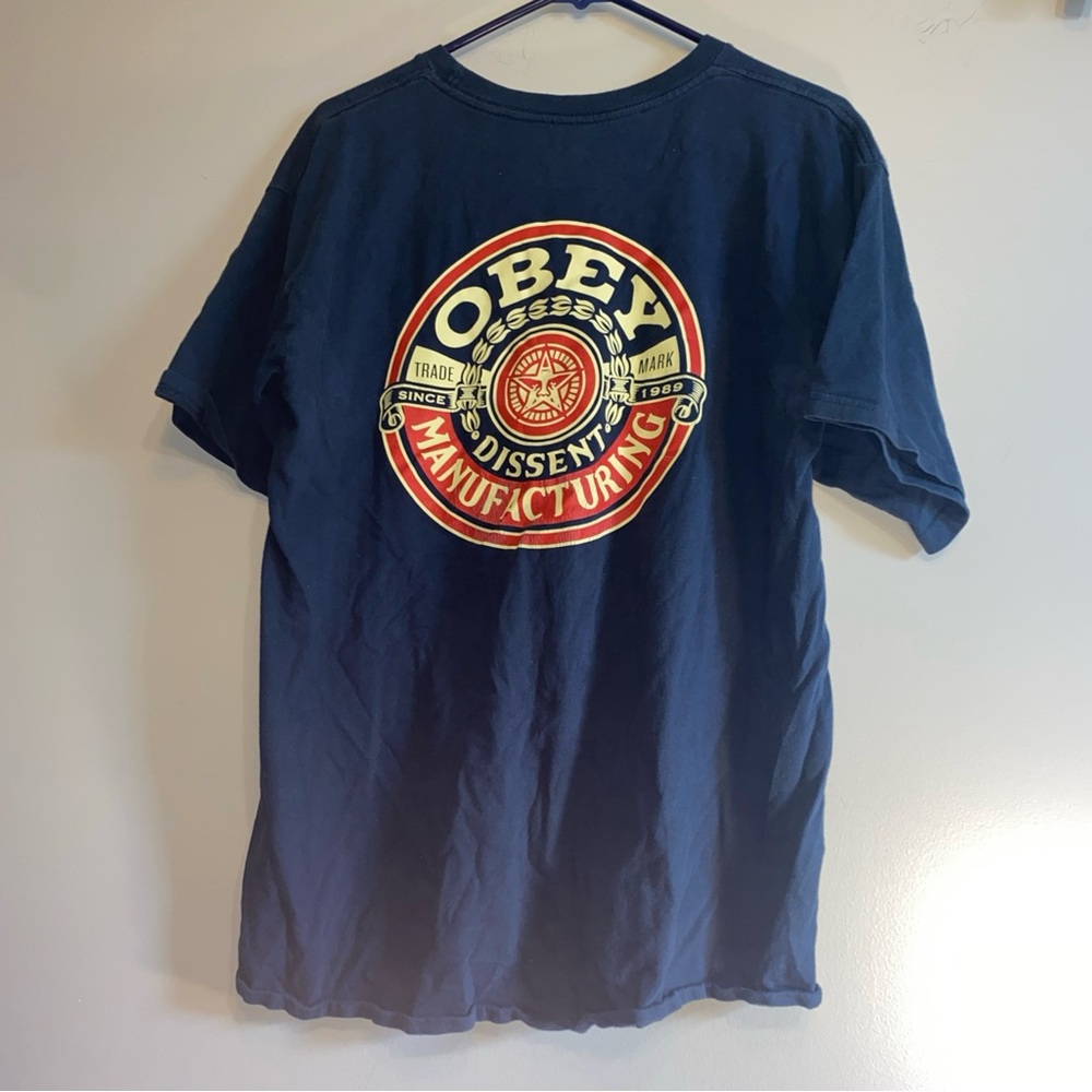 OBEY Dissent Manufacturing Logo Blue T-Shirt Men's Size Large L‎